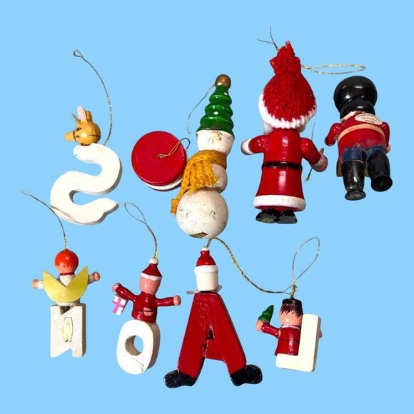 Vintage Wooden Christmas Ornaments Set 9 Hand-Painted Santa Snowman Soldier Joy - Picture 2 of 12